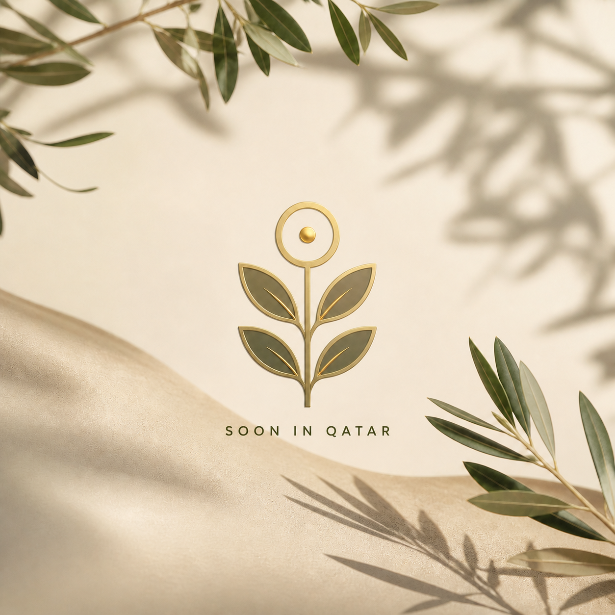 NORIVA gold leaf mark on warm cream with soft olive branch shadows, marked soon in Qatar